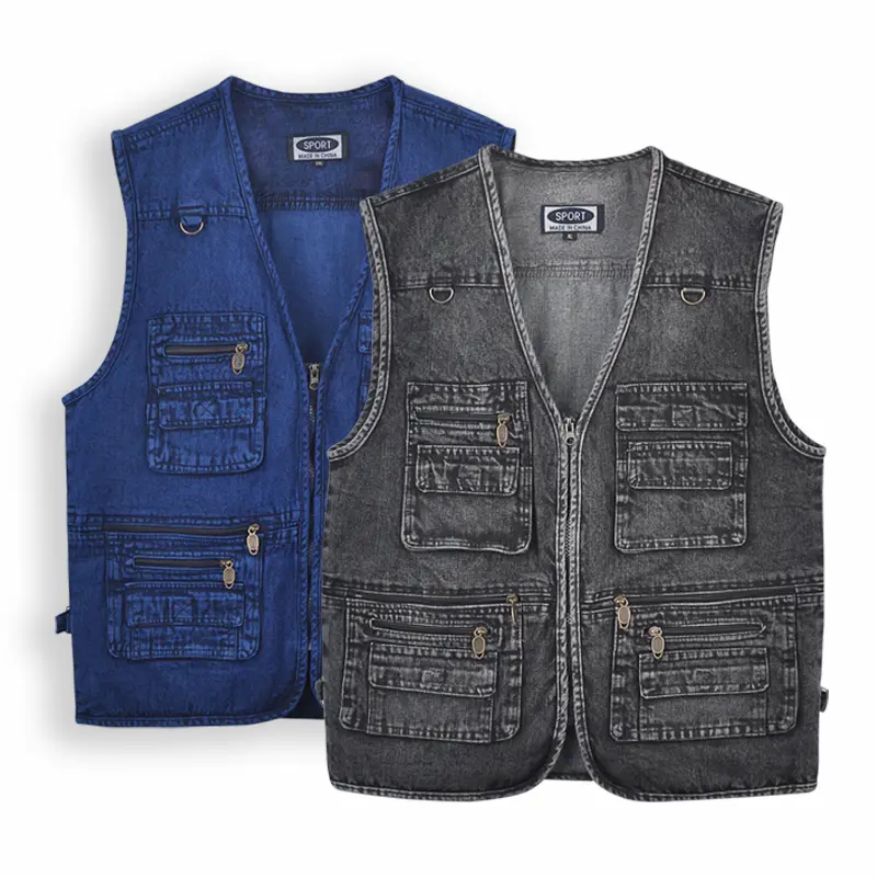 Distressed washed denim sleeveless jacket with multiple zippered pockets — outdoor work vest