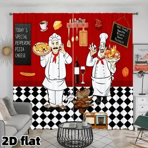 2D Flat 2Pcs Italian Restaurant Chef Kitchen Curtains Red Background Checkered Floor Pattern Semi Sunshade Polyester Fabric Rod Pocket Design Home Decoration Curtain Suitable for Home Dining Room Window Decorative Panels Privacy Protection