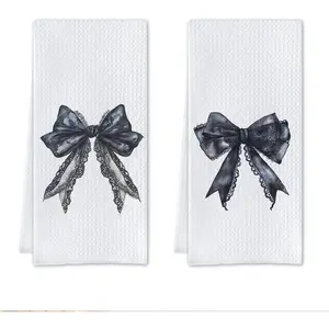 Black Bow Bathroom Decor,Black Bows Towels,Gothic Bathroom Decor,Lace Kitchen Dish Towels,16 X 24 Set of 2