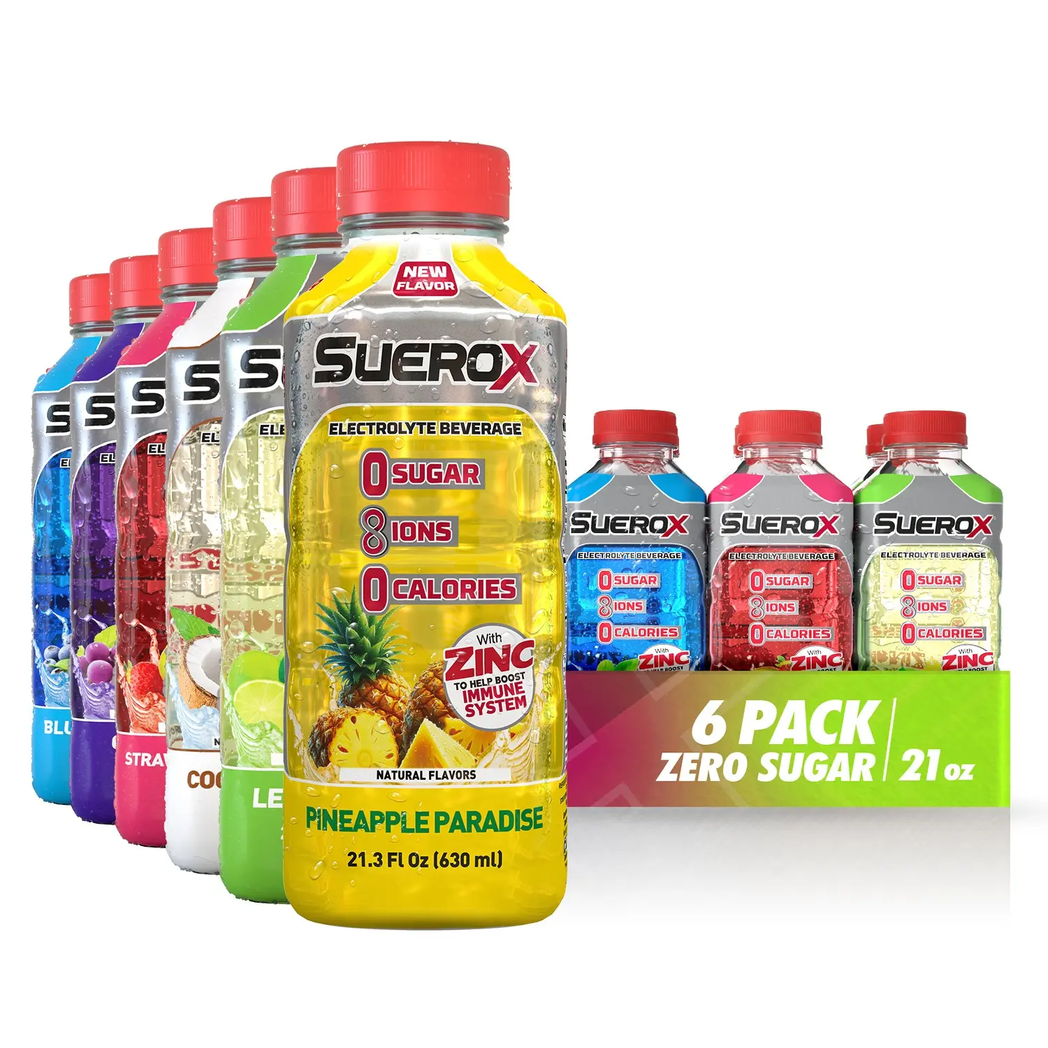 SueroX Sugar-Free, 6 Pack, Sports Drink for Hydration and Recovery, Electrolyte Hydration Drink with 8 Ions, Zero Calorie Sports Drinks with Electrolytes, Power Pack, 21.3 Fl Oz