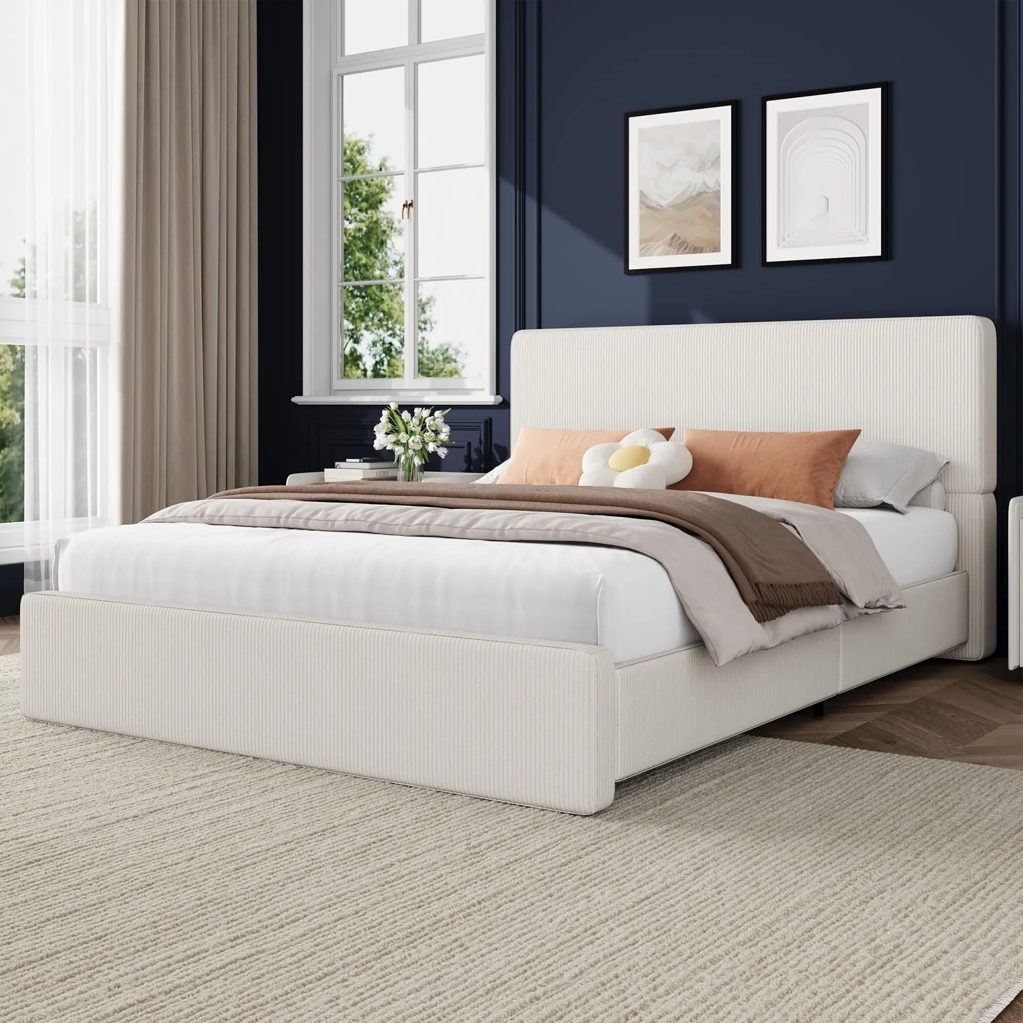 White Corduroy Upholstered Queen Bed Frame with Headboard - Noise-Free Platform Bed Frame, Strong Wooden Slats Support, Easy Assembly, Box Spring Excluded, Bed Frames