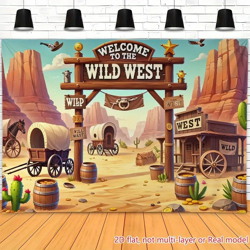 1PC 2D Flat Polyester Backdrop Banner - Wild West Theme Western Desert Wagon Scene, Reusable Cloth for Children's Birthday Photography & Festive Event Decorations