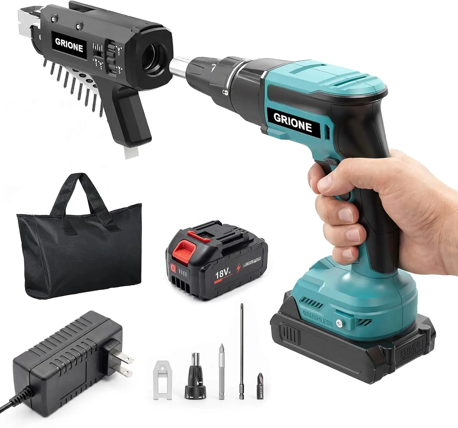 GRIONE 18V Brushless Cordless Drywall Screw Gun with Auto-Feed System, Makita 18V Compatible Batteries, 4.0Ah Cells, Fast Charger, 5000 RPM, Adjustable Screw Length-Depth, 360° Rotating Head, 1-Handed Use for Wood/Frame, Construction Pros, Durable Design