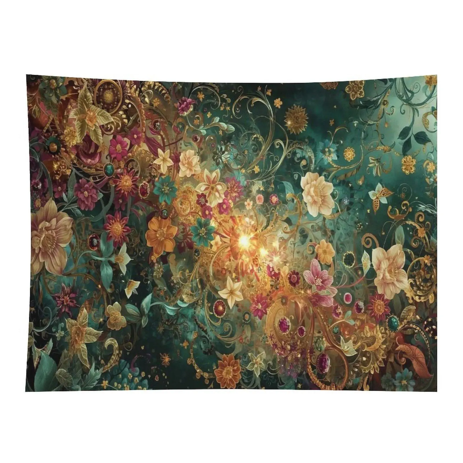 Dark Vintage Ornate Golden Floral Swirl Wall Tapestry with Glowing Sun Center - Unique Aesthetic Room Decor, House Decor, Home Accessory for Living Room, Bedroom