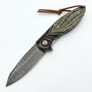 Camp Folding Knife With VG-10 Damascus Steel and Stabilizing Handle