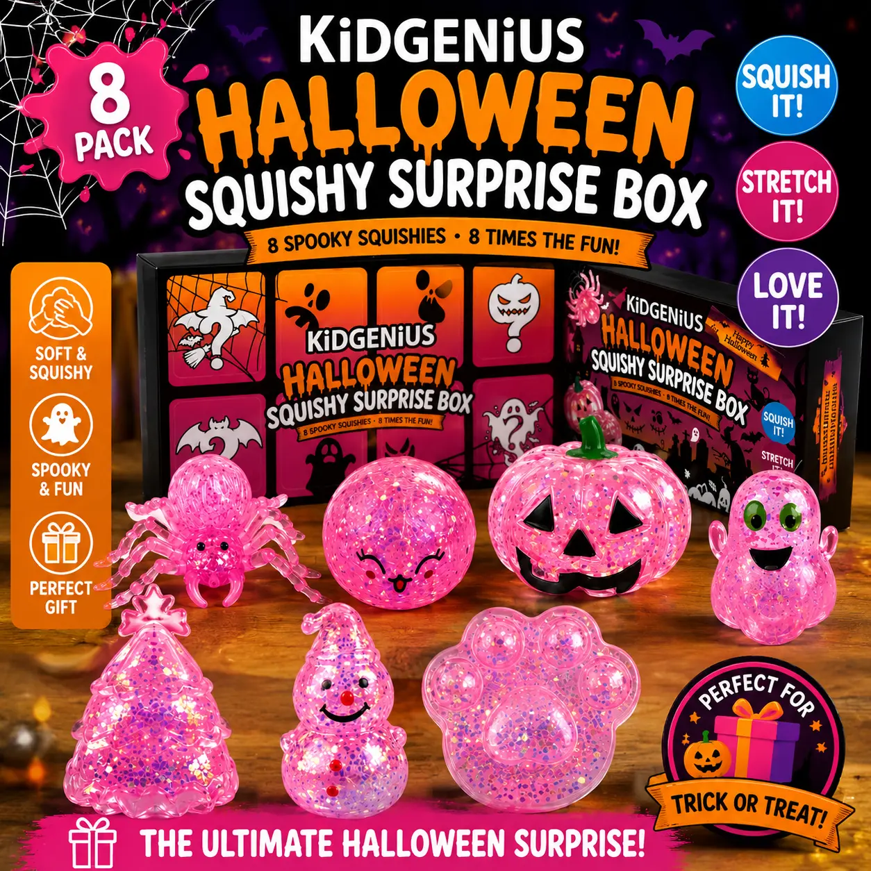 KidGenius 8-Pack BPA-Free Glitter Squishies Toys Blind Box - Unisex Stress Relief Sensory Mystery Surprise, Halloween Squishies Party Favors Stocking Stuffers for Kids
