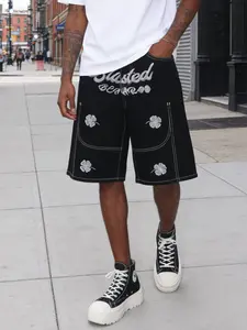 American High Street Four-Leaf Clover Silver Embroidered Jeans Half Pants, Vintage Loose Straight Leg Mid-Calf Pants for Women