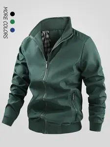 Men's Solid Pocket Zipper Funnel Neck Jacket, Regular Fit Casual Long Sleeve Zip Up Outerwear for Fall & Winter, Men's Clothes for Daily Wear, Coats