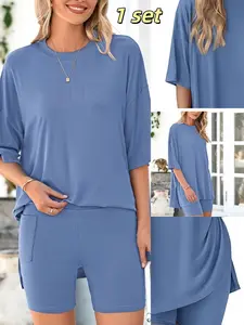 Women's Casual Loose-Fit Round Neck Short Sleeve Shorts Set XS-4xl, Comfortable Home Wear, All Season Fashion