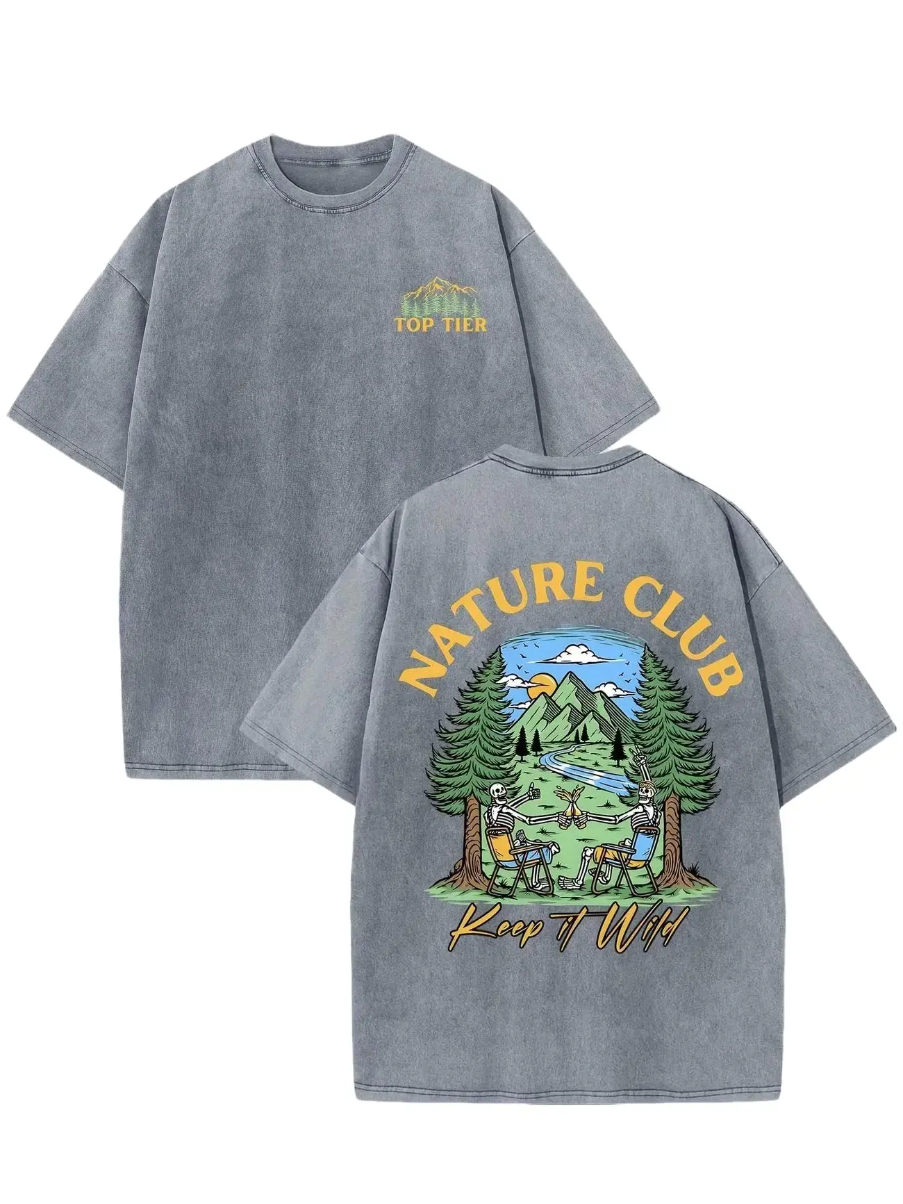 Natural Club Double Sided Print Men’s Round Neck T-Shirt, 230G Thick Pure Cotton Water Washed Distressed Retro Batik Street Style Summer Short Sleeve Tee, Ideal Father’s Day & 4th Of July Holiday Gift