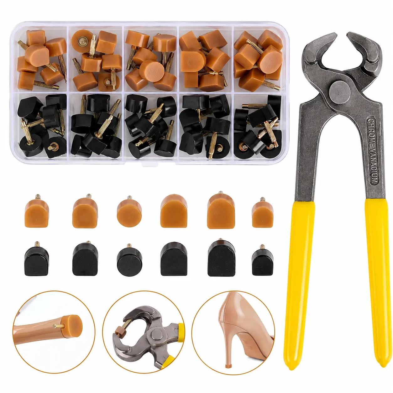 30 Pairs Women's High Heel Shoes Replacement Tips Pin, Round and Square Heel Repair Caps with 6" Heel Pliers for Repairing Shoes