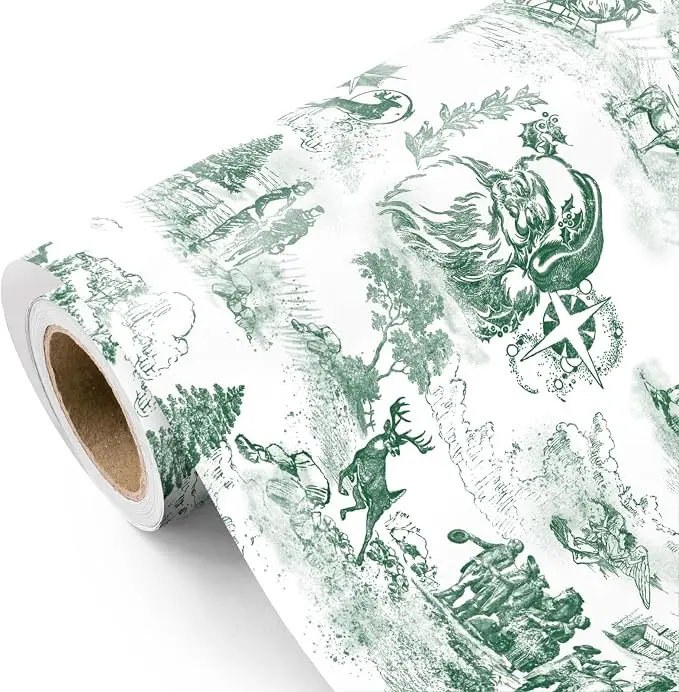 WRAPAHOLIC Toile Vintage Christmas Wrapping Paper - Mini Roll - 17 Inch x 16.5 Feet - Santa Toile de Jouy Green Christmas Wrapping Paper for Xmas Holiday, Party Celebration