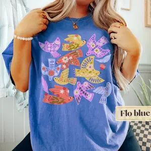Comfort Colors Scandinavian Folk Art Bird Shirt Cottagecore Tee - Vintage Nordic Floral Graphic T-shirt for Bird Lovers, Boho Nature Aesthetic Top.