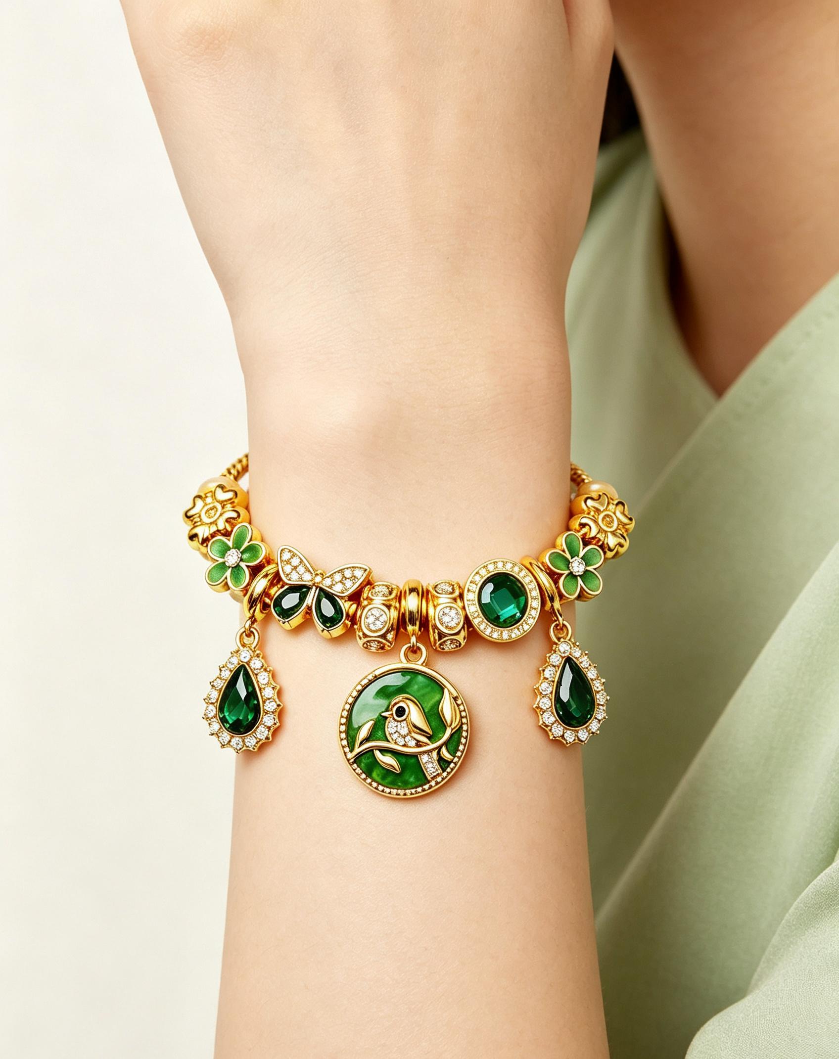 Vintage Green Enamel Bird Charm Bracelet, Gold-Tone Snake Chain with Floral & Teardrop Zircon Beads, Adjustable Fashion Jewelry for Women Vintage Green Enamel Bird Charm Bracelet, Gold-Tone Snake Chain with Floral & Teardrop Zircon Beads, Adjustable Fashion Jewelry for Women