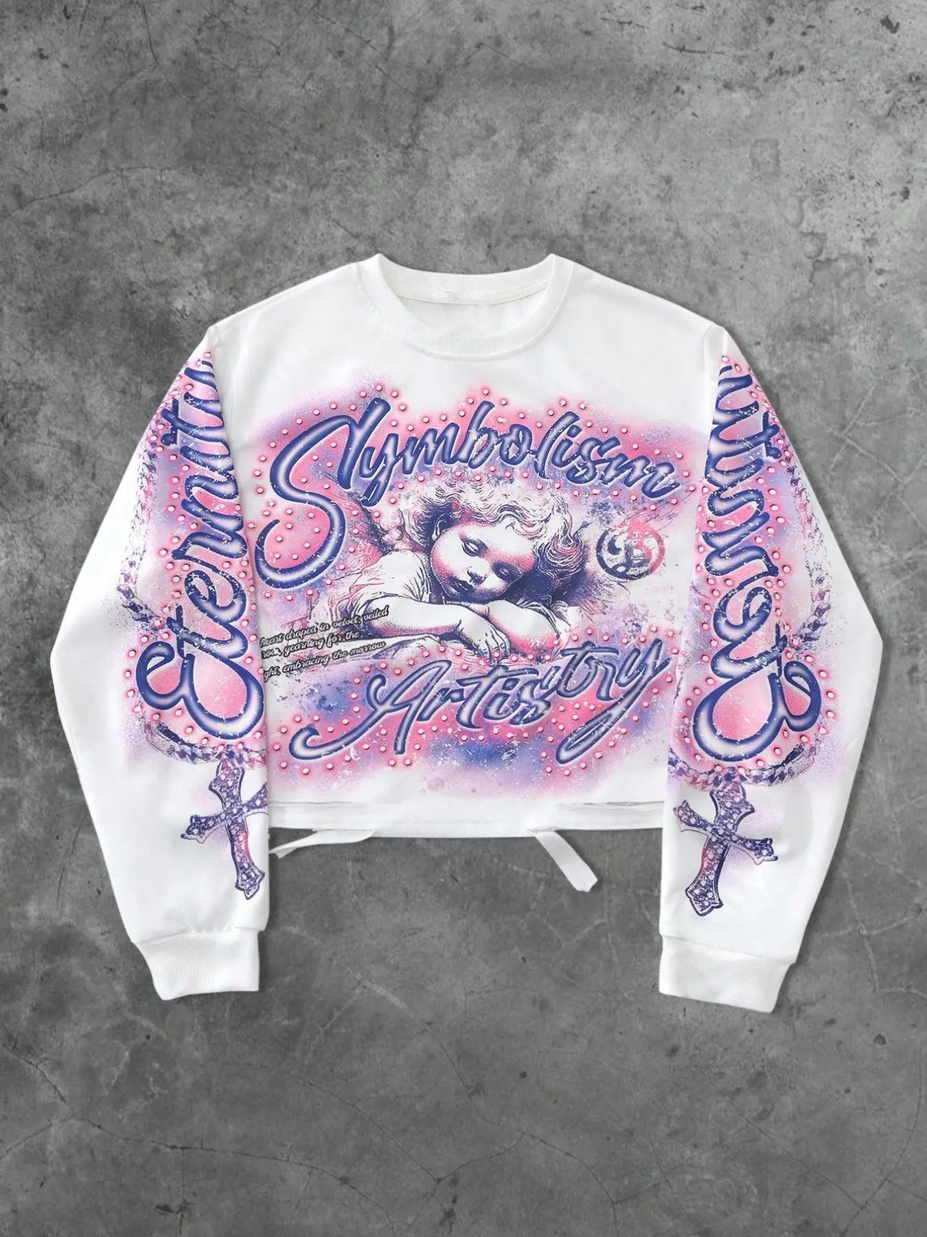 Men's Vintage Cross Angel Print Cutout Short Pullover Sweatshirt, Casual Loose Long Sleeve Patchwork Design for Fall & Winter, Menswear, Casual Comfy Graphic Streetwear Clothing, Graphic Sweatshirts