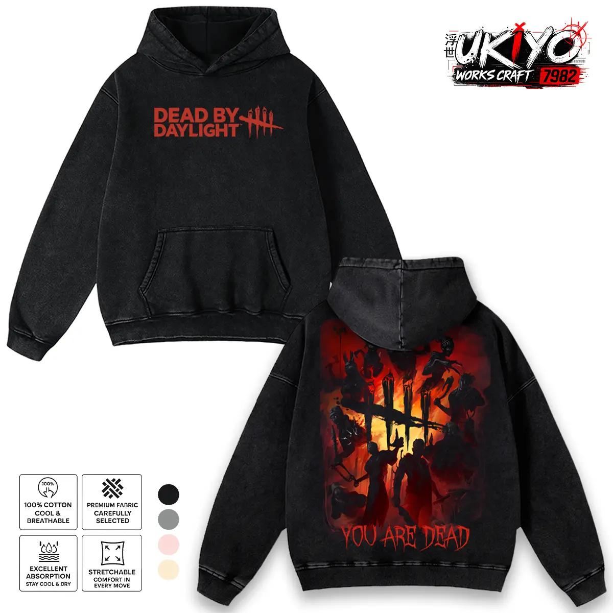 Dead by Daylight Hoodie & T-Shirt Killers Ensemble Graphic, Vintage Acid Wash Apparel, Survival Horror Game Merch, Fiery Entity Pullover, Unisex Cotton Top