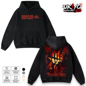 Dead by Daylight Hoodie & T-Shirt Killers Ensemble Graphic, Vintage Acid Wash Apparel, Survival Horror Game Merch, Fiery Entity Pullover, Unisex Cotton Top