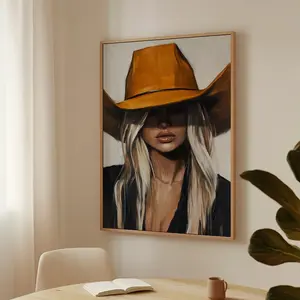 [UNFRAMED POSTER]  Chic Cowgirl Portrait Wall Art - Modern Western Canvas Print with Blonde Woman in Bold Cowboy Hat for Rustic Farmhouse Decor