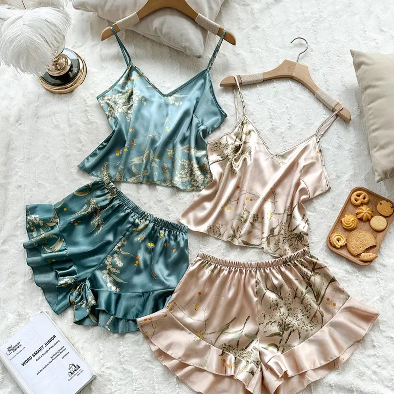 Women's Floral Print Sleeveless Spaghetti Strap Cami Top & Ruffle Trim Shorts Satin Fabric Pyjama Set, Summer Loungewear, Machine Washable, Sleepwear Set for Women, Casual Comfy Lingerie