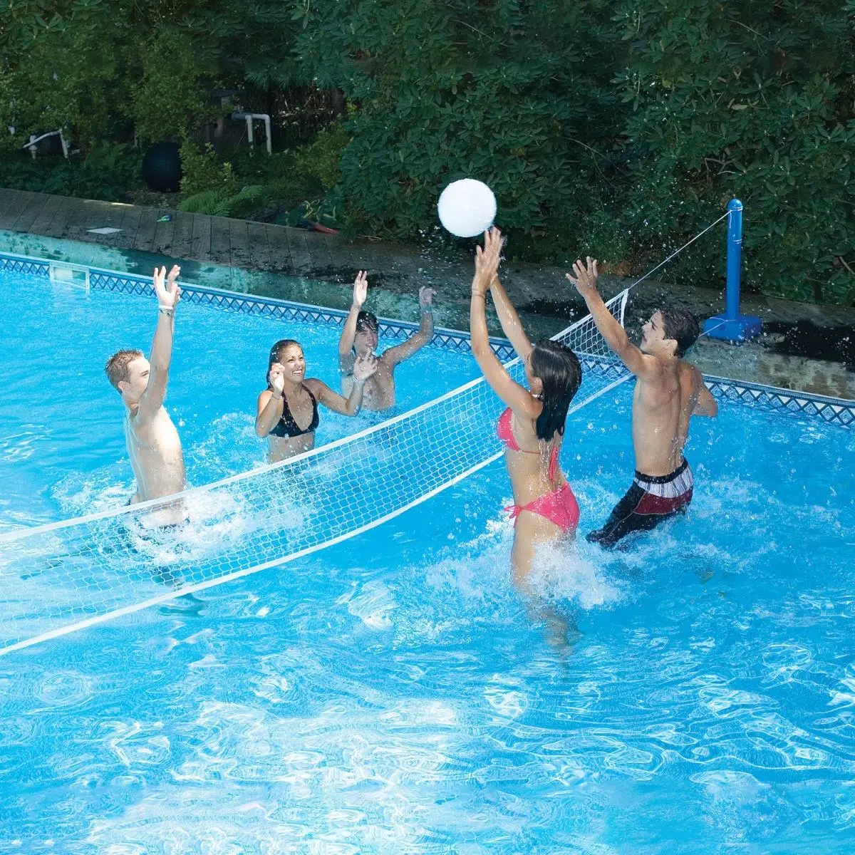 212 MAIN Floating Pool Volleyball Game Set - 12 ft Nylon Net, Water-Weighted Bases, Inflatable Ball, Multi Purpose Inflatable, Sturdy Weighted Net Supports, Fits a Pool Up to 20 ft Wide for Family Fun