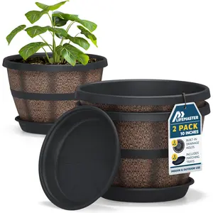 10-Inch Whiskey Barrel Planters Pack of 2, Durable Plastic Pots with Drainage & Saucer for Indoor Outdoor Plants