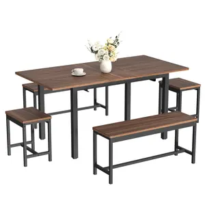 5 Piece Extendable Dining Table Set, Kitchen Table with 2 Chairs and 2 Benches, Kitchen Dining Table Set for 4-6, Space Saving Breakfast Table
