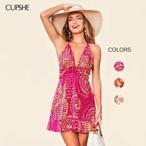 CUPSHE Women's Bohemian Escapism Abstract Plunging Neckline Sleeveless Boho Style Woven Flowy Mini Dress, Casual Wear, Ethnic Beach Outfit for Summer #tiktokshopmemorialday