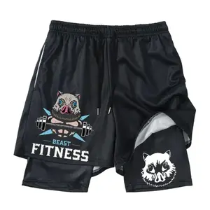 Anime Demon Slayer Peripheral Shorts – Men’s & Women’s Summer Beach Pants, Double Layer, Loose Fit Casual Shorts, Anime Cosplay, Streetwear, Vacation & Lounge Wear, Large Sizes