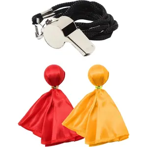 3 count Referee Set Football Yellow & Red Penalty Flags and Stainless Steel Whistle for Soccer Ref Umpire Coaches Halloween