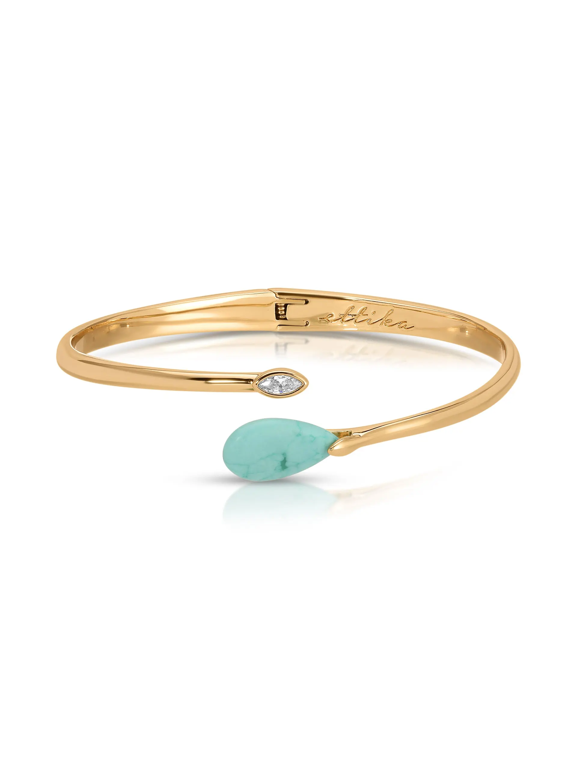Ettika Turquoise Solstice Cuff - Brass 18K Gold Plated Reconstituted Turquoise 2.3" Diameter Hinge Closure Bracelet Fashion Wrist Jewelry Adjustable Stack Bangle