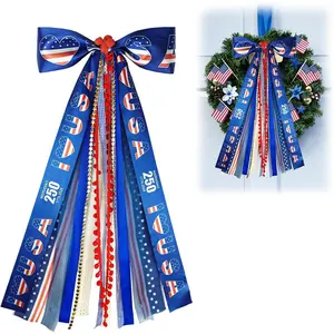 4th of July Patriotic Ribbon Bow,Red White and Blue Plaid Fabric Ribbon Bows,Clip-On Stars Stripes Wreaths for Memorial Veterans Independence Day Front Door Indoor Outdoor Decor-250