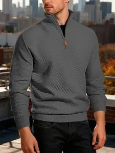 Men's autumn and winter striped, Knit outdoor Long Sleeve Top, half zipper stand collar, windproof and thickened warm, soft and comfortable, suitable for daily leisure, campus stroll, light formal
