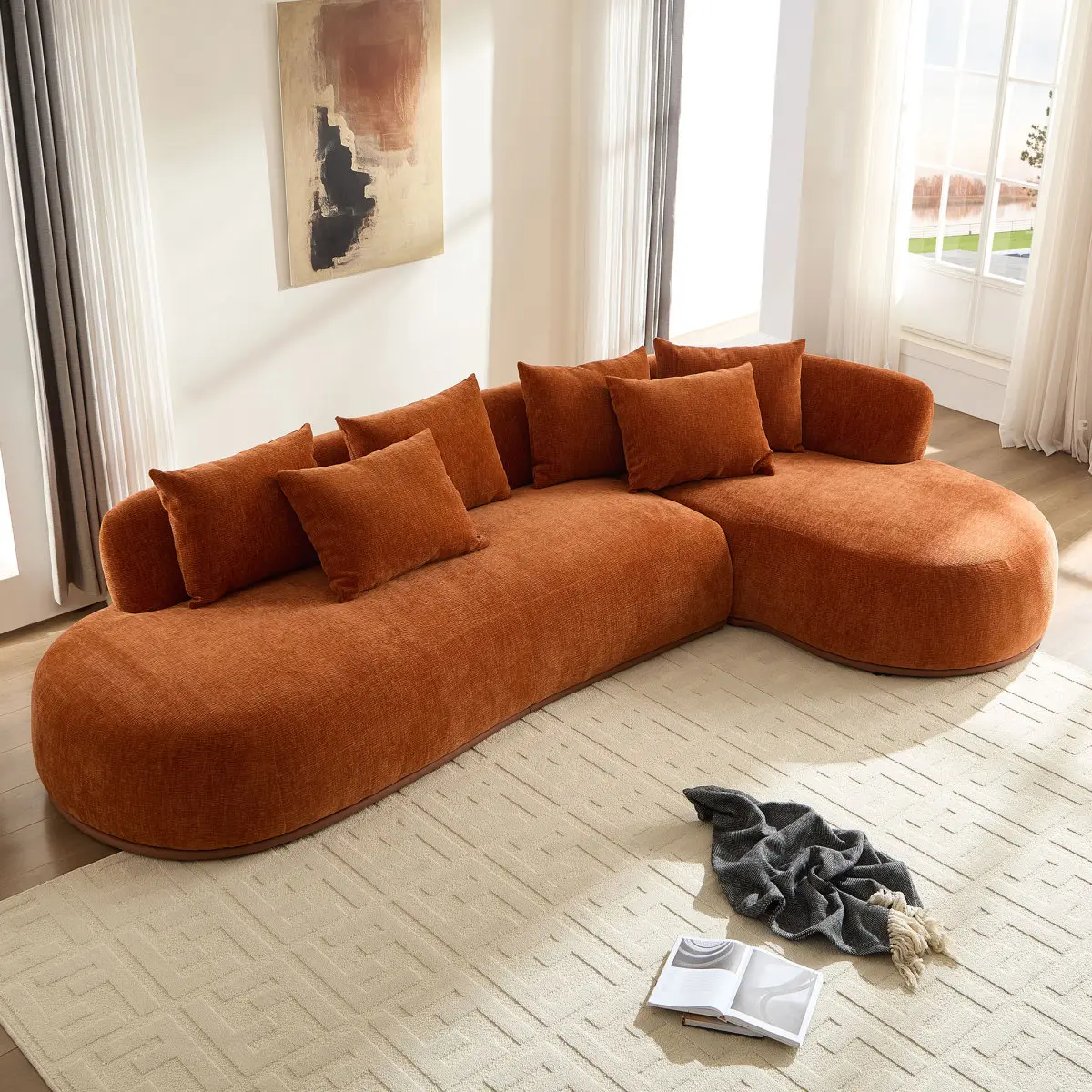Aobtkel 134.6 in L-Shaped Right Chaise Oversized Sofa, Deep Seat Cloud Couch with 6 Throw Pillows, PU Leather Base, No Assembly Required, Modern Upholstered Multiple Seats Sofas for Living Room, Orange