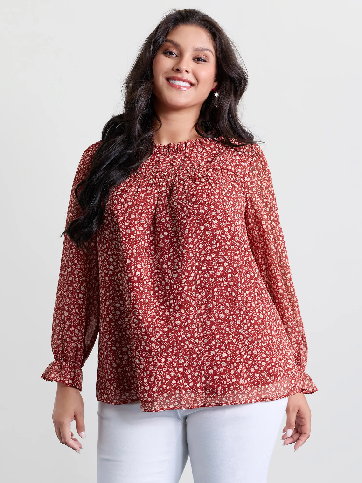 BloomChic Women's Plus Size Crimson Ditsy Floral Polyester Blouse, Boho Long Lantern Sleeve Top with Stand-Up Collar, Garment, Shirts