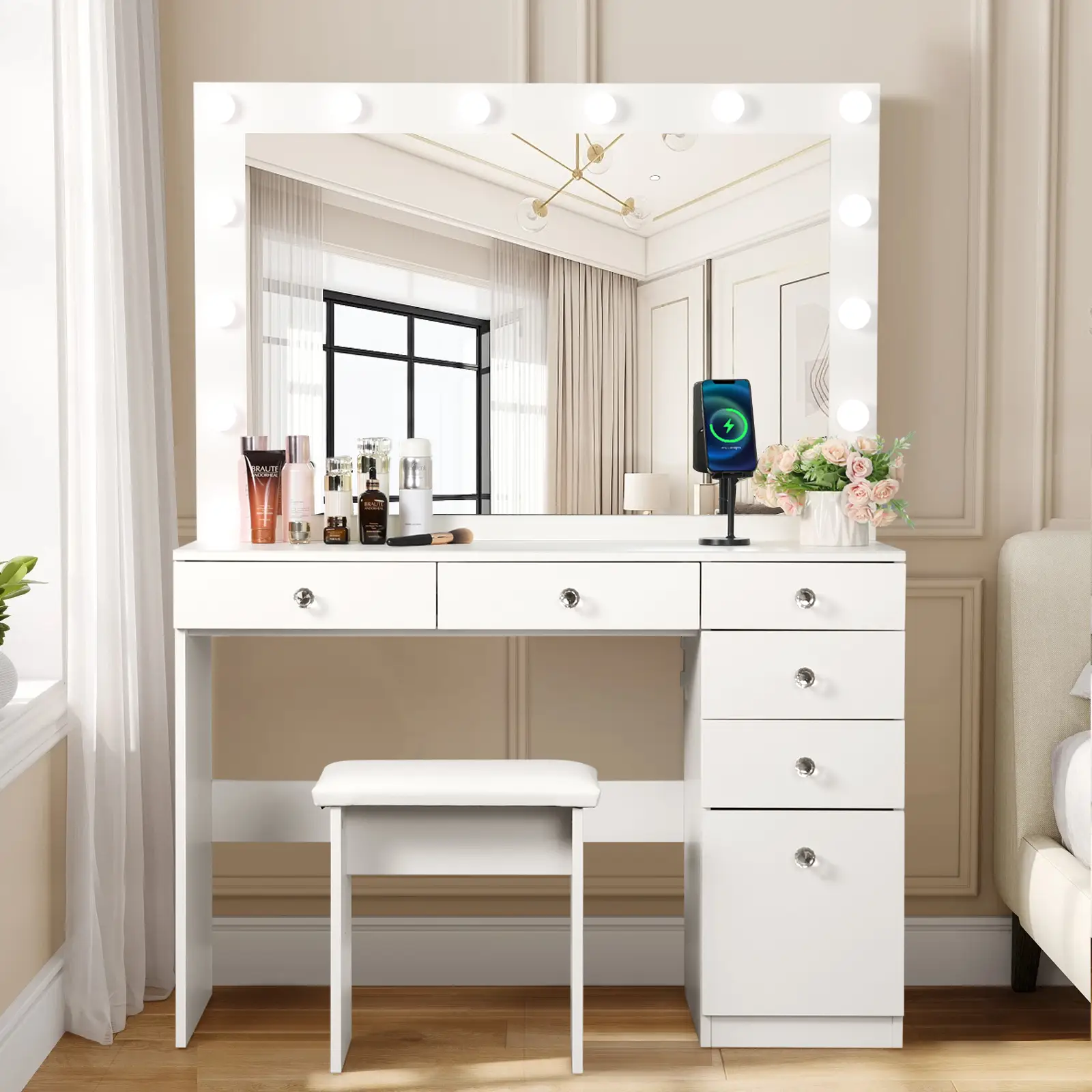 VOWNER Modern Makeup vanity desk With Large Lighting Mirror,5 Drawers And 1 Cabinet,Come Up With Stool, vanity mirror