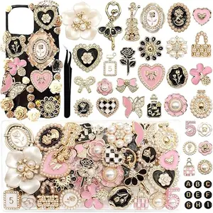 Junk Case Charms Kit Gold Pink Flower Big Charm for Junk Cases 3D Vintage Bow Heart Rose Phone Case Charms Flatback Butterfly for DIY Personalization