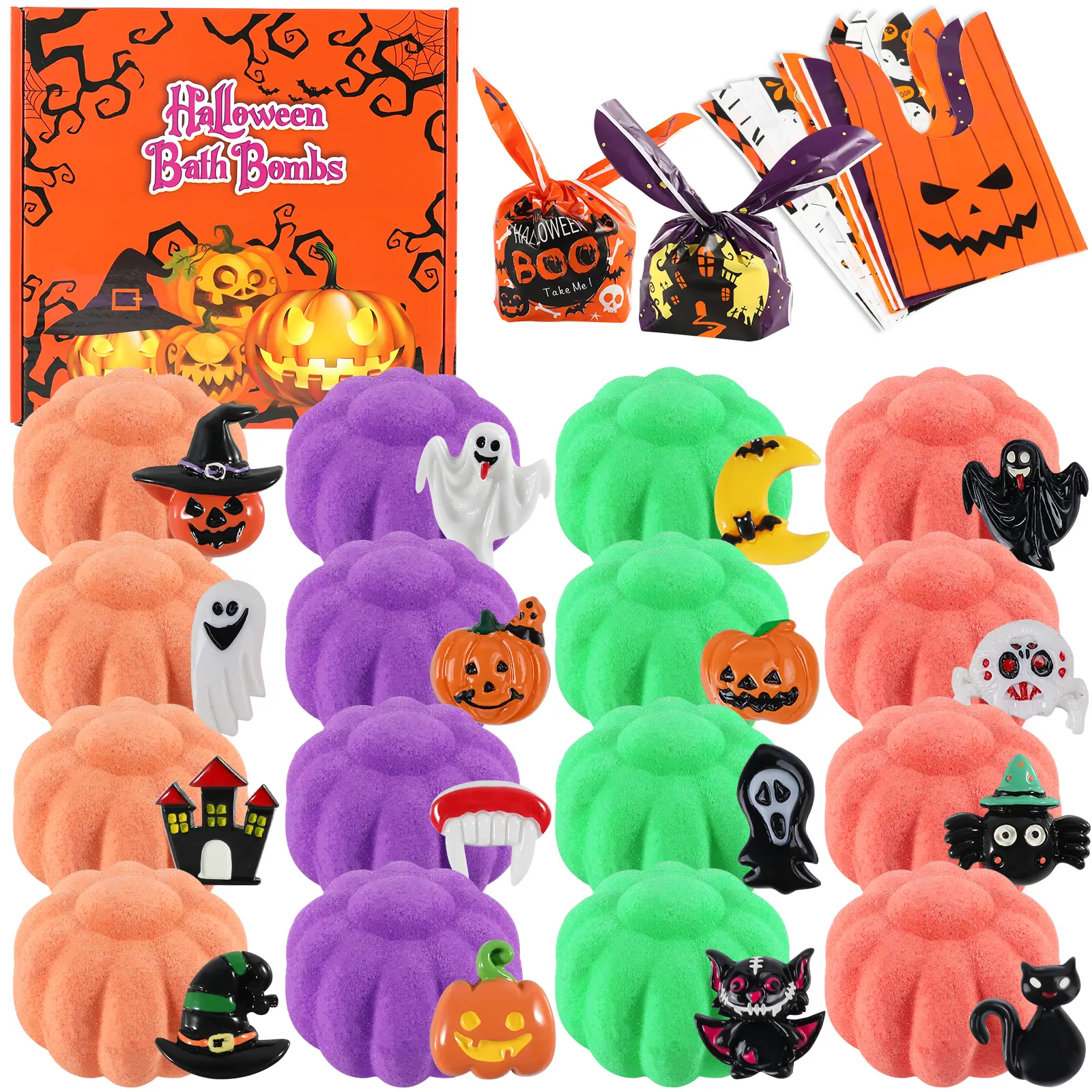 Jofei Kids' Halloween Bath Bombs - 16pcs with Toys Inside, Spooky Pumpkin Bubble Bath, Party Favors Goodie Bag Fillers, Body Care Gift Pack
