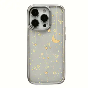 Gold foil star and moon pattern simple transparent phone case for iPhone 17 16 15 14 13 12 11 X XS XR Pro Max Plus Air series, ideal birthday or new year gift for friends, family and loved ones