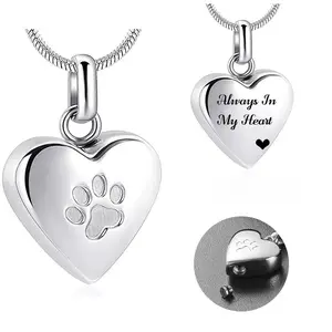 New heart-shaped paw print stainless steel urn pendant necklace commemorates pet hair and can be opened in the urn for pet memorial