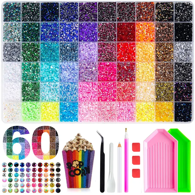 60000Pcs 60-Colors 3mm Jelly Flatback Rhinestones Bedazzling Kit for Clothing, Phone Cases, Shoes & DIY Diamond Art, DIY Craft Set for Anything Decorations, Ultimate Creative Gift for Her, Includes Storage Box, Festive Gift & Birthday Party Gift