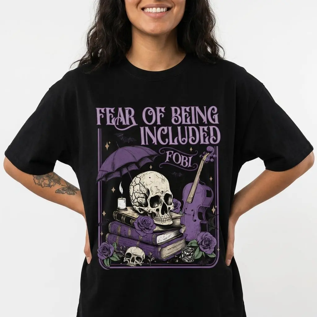 Women's Gothic Skull Graphic Sport Top - Funny Introvert, Fear Of Being Included, Aesthetic, Everyday, Baggy, Oversize, Lightweight Plus Size Sports Tee, Ladies, Loose, Quote, Shortsleeve, Casual