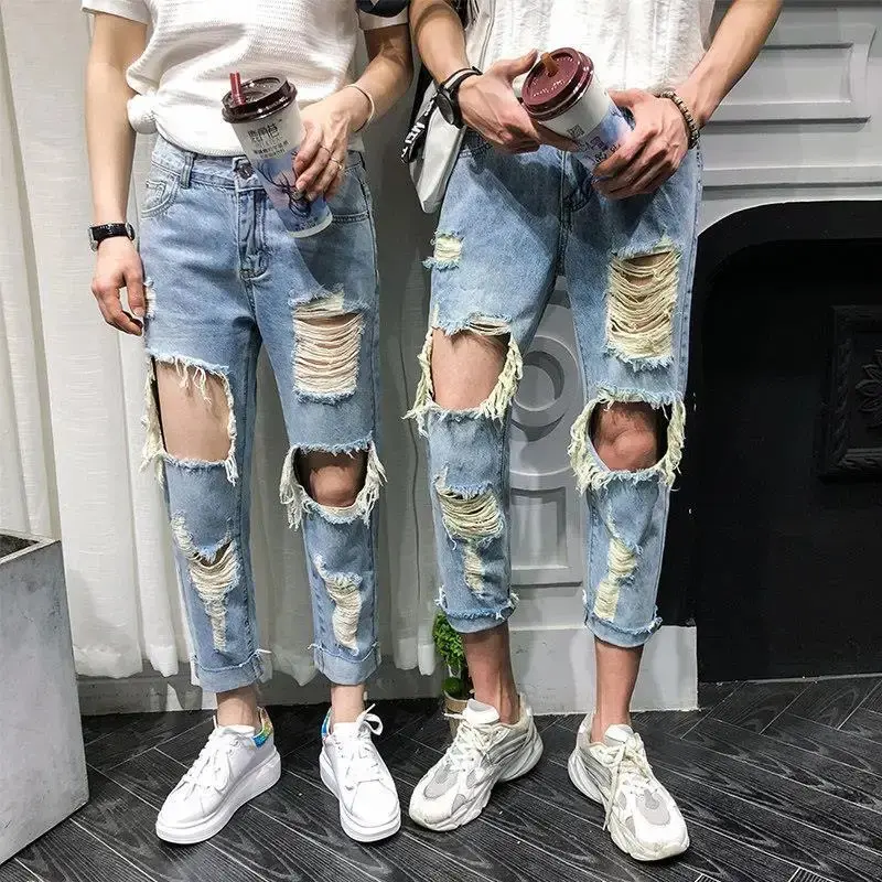 Couple Male Cowboy Pants Trousers Broken with Holes Stylish Grunge Y2k Classic Trend 2026 New in Casual Men's Jeans Ripped Torn