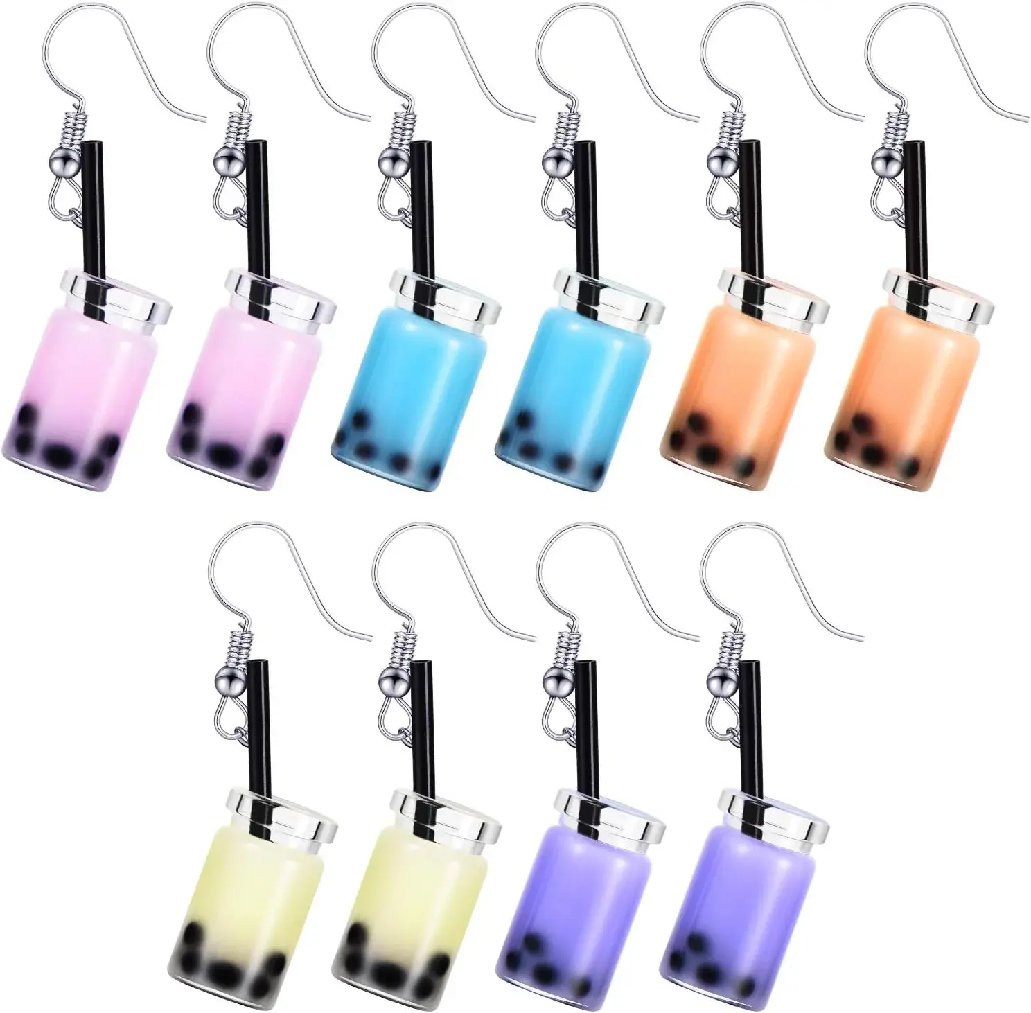 5 Pairs Cute Bubble Tea Dangle Earrings Bubble Milk Tea Drop Earrings Colorful Creative Funny Jewelry for Women Valentine's Day Gift