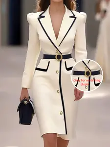 Colorblock Waist Cinched Suit Dress, Elegant Formal Business woman Style, Belted Waist Enhances Presence, Office Commute Wear