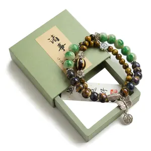 Natural Green Buddha Bracelet Set | Tiger Eye Stone Double Layer Wrist Mala With Lucky Charm