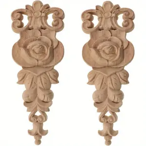 2-Pack Unpainted Handmade Wood Carved Floral Appliques Furniture Onlays for Home Decor, Cabinet Wall Ornament with Portrait Orientation - No Power Required Design