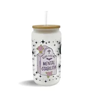 Halloween Mental Stability Frosted Glass Can - 16oz or 20oz - Bamboo lid with clear plastic straw. Cup Drinkware Stylish Borosilicate Coffee Wide Mouth Tumblers Mug Bottles