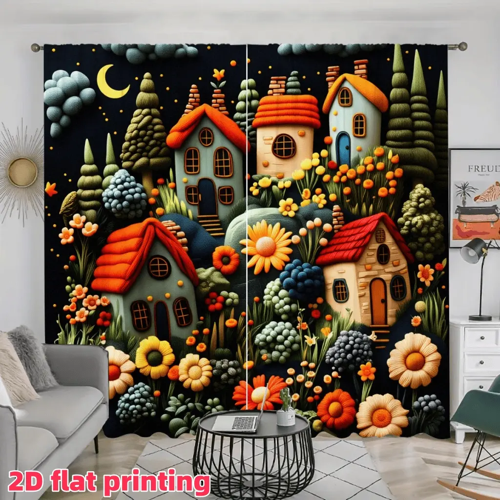 2D Flat 2Pcs Cartoon Fantasy Fairy Tale Town Pattern Window Curtain, Dark Night with Moon and Stars, Cute Village House Theme, Vibrant Flowers Trees, Pole Pocket Style Semi Sunshade, for Living Room Bedroom Balcony Kitchen Study Decor, Accessory