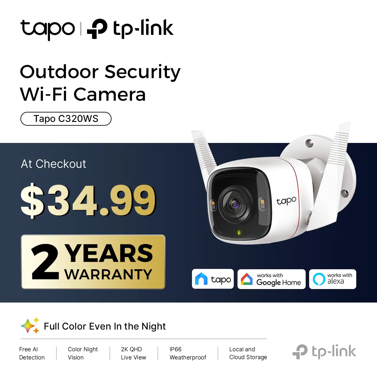 TP-Link & Tapo C320WS Outdoor Security Camera 2K QHD 4MP Starlight Color Night Vision Free AI Detection IP66 Weatherproof 512GB SD Cloud Storage Works with Alexa & Google Home - White  #SummerWins #DealsForYouDays