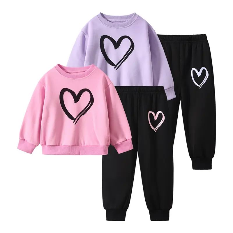 Girls' 4-Piece Casual Outfit Set: Long Sleeve Top, Heart Graphic Hoodie & 2 Pants, Autumn Casual Wear for Ages 4-5Y, 5-6Y, 7-8Y, Heart Print, Casual Sports Set